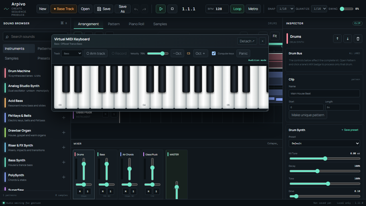Arpivo virtual musical keyboard open beneath the arrangement