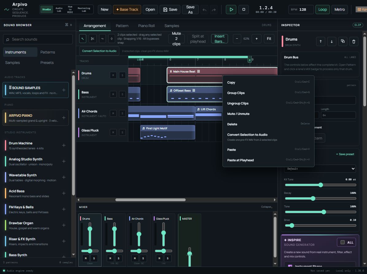 Selected clips grouped across two Arrangement tracks, with chain badges and the right-click clip menu open.